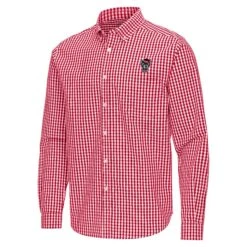 NC State Wolfpack Antigua Red And White Gingham Ellis Long Sleeve Button Down Shirt(Nc State Wolfpack Antigua Red And White Gingham Ellis Long Sleeve Button Down Shirt)