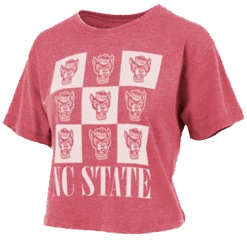 NC State Wolfpack Women's Heathered Red Checkered Wolfhead Crop Top(Nc State Wolfpack Womens Heathered Red Checkered Wolfhead Crop Top)