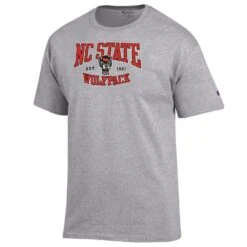 NC State Wolfpack Champion Grey Arched Wolfpack Est. 1887 Over Wolfhead T-Shirt(Nc State Wolfpack Champion Grey Arched Wolfpack Est 1887 Over Wolfhead T Shirt)
