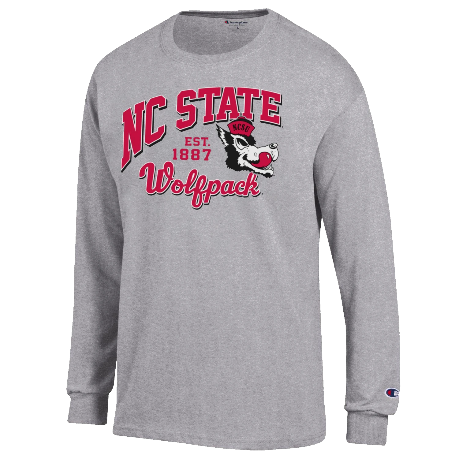 NC State Wolfpack Champion Grey Slobbering Wolf Block Script Long Sleeve T-Shirt(Nc State Wolfpack Champion Grey Slobbering Wolf Block Script Long Sleeve T Shirt)