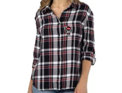 NC State Wolfpack Women's Black And Red Boyfriend Plaid Button Down Shirt(Nc State Wolfpack Womens Black And Red Boyfriend Plaid Button Down Shirt)